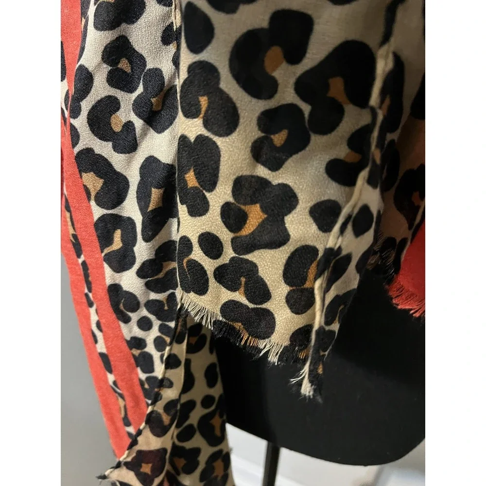 Women's Leopard Print Scard with Red Stripe Accents One Size - Picture 5 of 7